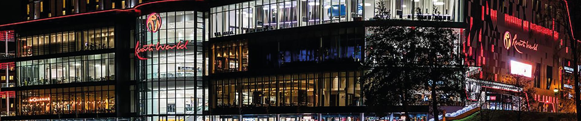 Night time shot of the front of Resorts World Birmingham